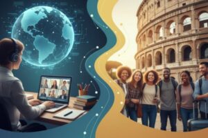 Students exploring online learning and studying abroad options for a global education experience
